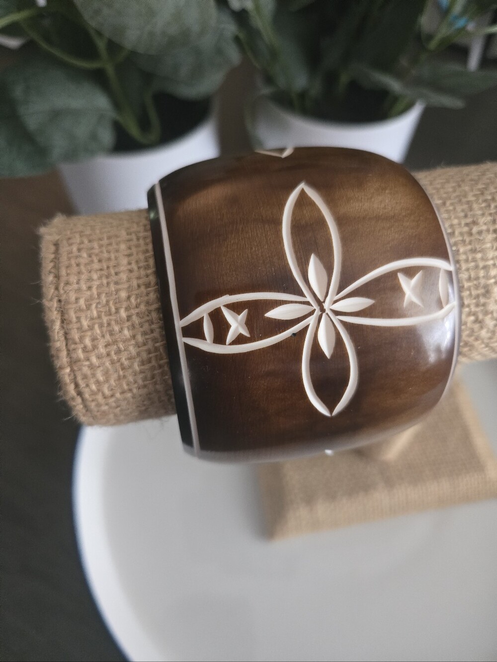 Chunky Brown Boho Carved Floral Cuff Bracelet Wood Look Artisan Style